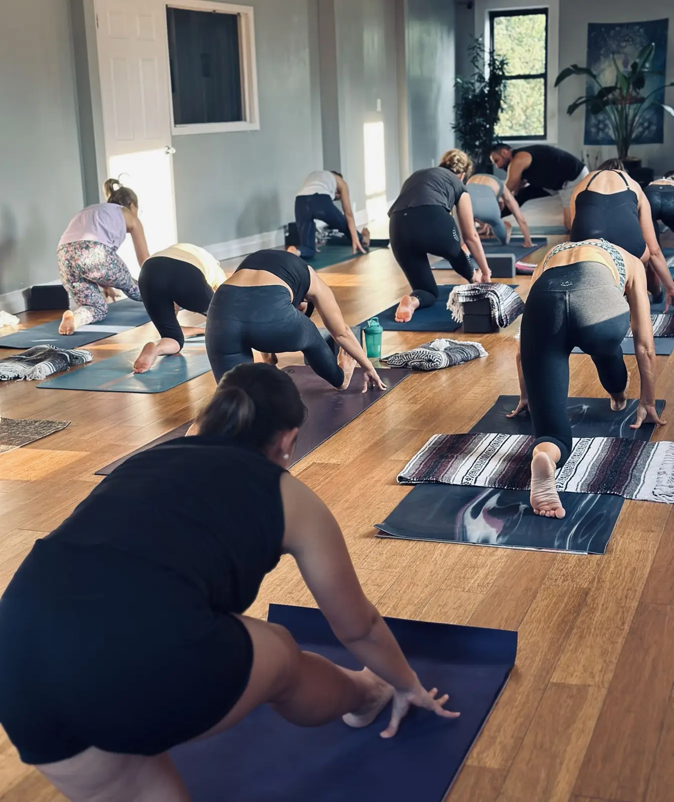 A full class practising together on the bamboo floor of the Brooklyn studio